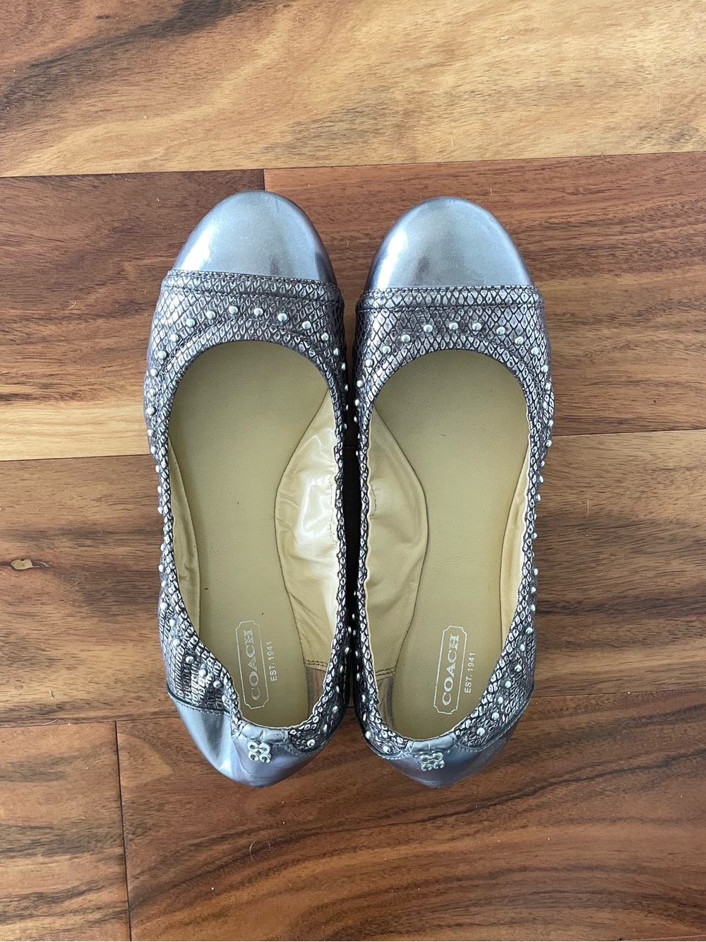 COACH Silver Metallic Embellished Ballet Flats